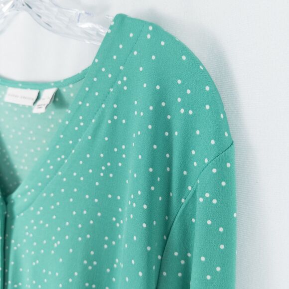 Susan Graver Printed Liquid Knit Button Front Shirt Womens XL Green Polka Dot - Picture 9 of 13